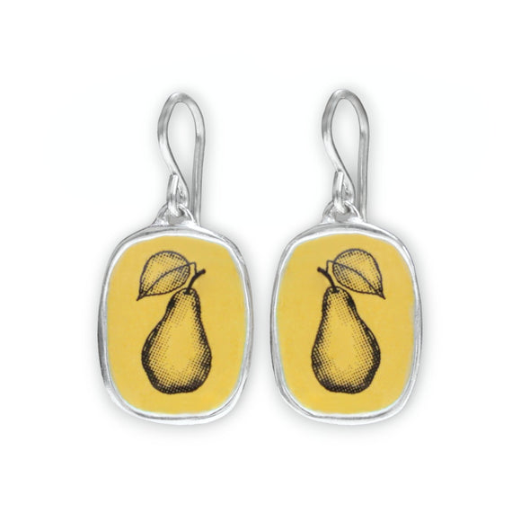 Pear Earrings - Vitreous Enamel and Sterling Silver Dangle Earrings - Gift for Chef Cook Gardner Farmer Artist