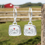 Sterling Silver Pig Dangle Earrings on Lever Backs - Sterling and Enamel Pig Jewelry