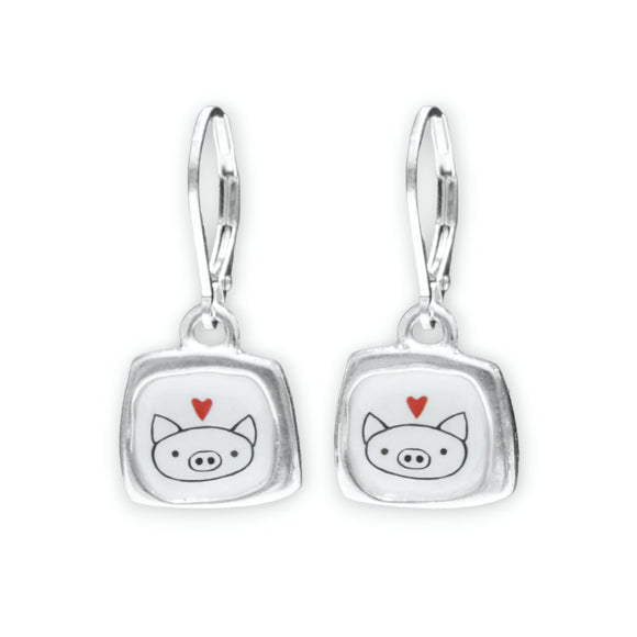 Sterling Silver Pig Dangle Earrings on Lever Backs - Sterling and Enamel Pig Jewelry