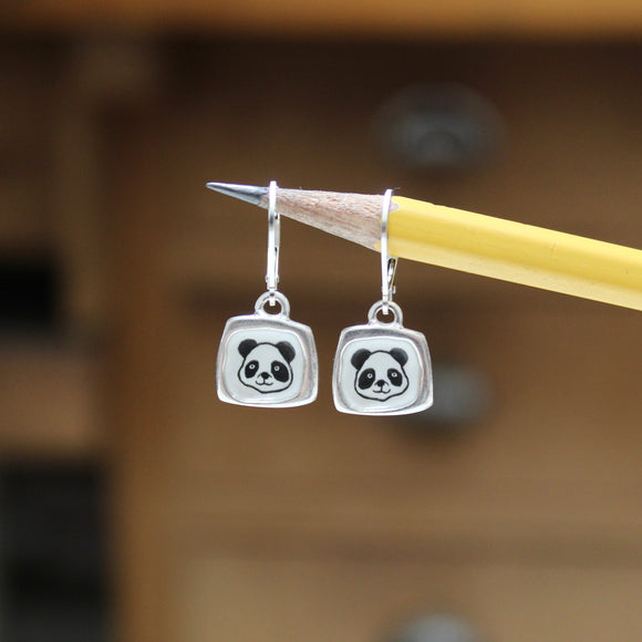 Sterling Silver Panda Dangle Earrings on Lever Backs - Sterling and Enamel Panda Jewelry