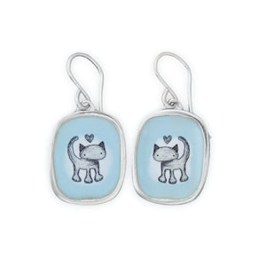 Adorable Love Cat Earrings in Ozone Blue - Sterling Silver and Enamel Cat Jewelry