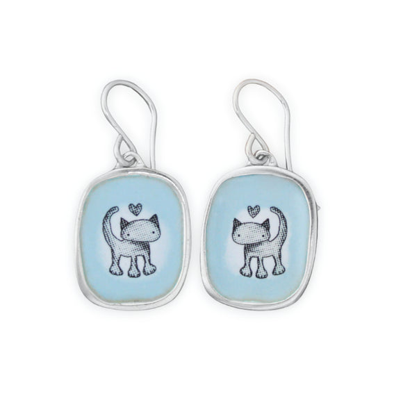 Love Cat Earrings in Ozone Blue - Sterling Silver and Enamel Cat Jewelry