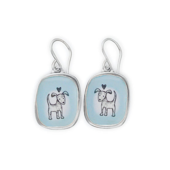 Adorable Love Dog Earrings - Sterling Silver and Vitreous Enamel Dog Earrings on Ozone Blue