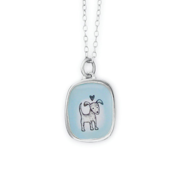 Adorable Love Dog Necklace - Sterling Silver and Enamel Light Blue Dog Pendant on Adjustable Sterling Silver Chain