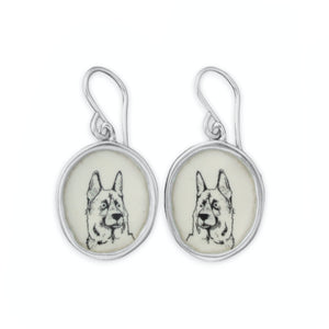 German Shepherd Earrings - Sterling Silver and Enamel Dog Breed Gift - Puppy Portrait Dangle Jewelry