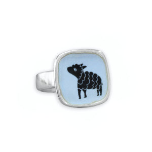 Sterling Silver Black Sheep Ring with Kiln Fired Vitreous Enamel - Black Sheep Jewelry Gift