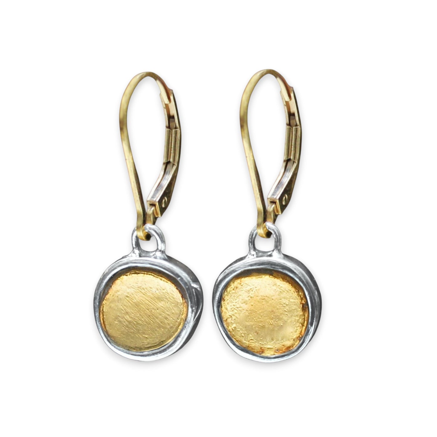 Small Round 24K Gold and Sterling Silver Earrings - Keum-Boo Dangles on Gold Fill Lever Backs