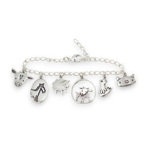 Farm Animal Charm Bracelet - Sterling Silver Bracelet with Cow, Horse, Sheep, Goat, Chicken and Pig Charms