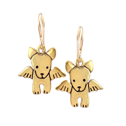 Gold Angel Dog Earrings - Gold Dog with Wings Charm - Dog Memorial Gift