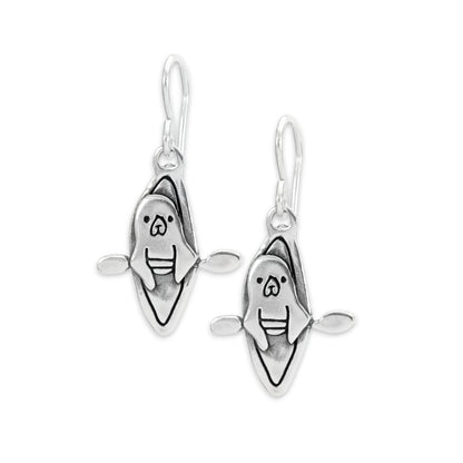 Kayaking Seal Charm Earrings - Sterling Silver Funny Seal Dangle Earrings