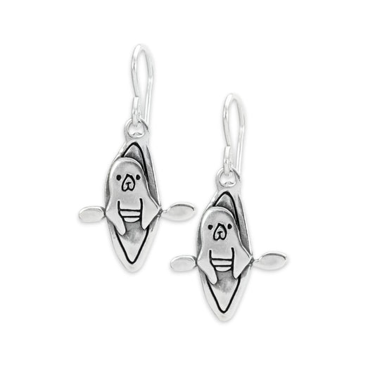 Kayaking Seal Charm Earrings - Sterling Silver Funny Seal Dangle Earrings