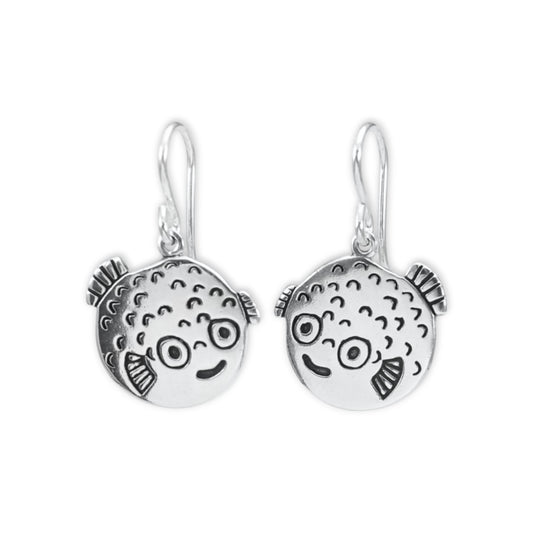 Sterling Silver Pufferfish Charm Earrings