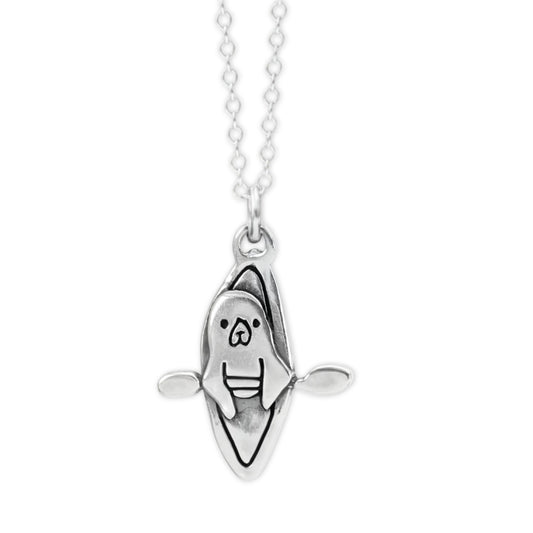 Sterling Silver Kayaking Seal Necklace - Otter in a Kayak Pendant