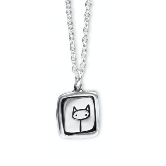 Sterling Silver Cat Charm Necklace - Stick Kitty Pendant - Cat Jewelry