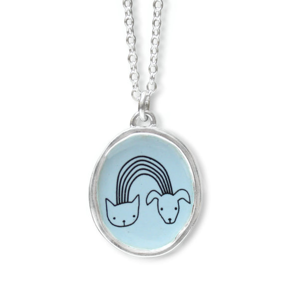 Sterling Silver and Enamel Dog and Cat Love Pendant - Cat and Dog Family Charm
