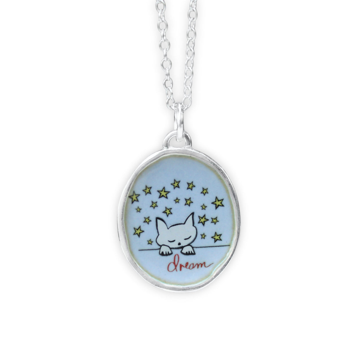 Dream Cat Pendant Necklace in Sterling Silver and Enamel