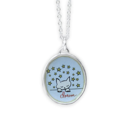 Dream Cat Pendant Necklace in Sterling Silver and Enamel