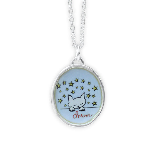 Dream Cat Pendant Necklace in Sterling Silver and Enamel