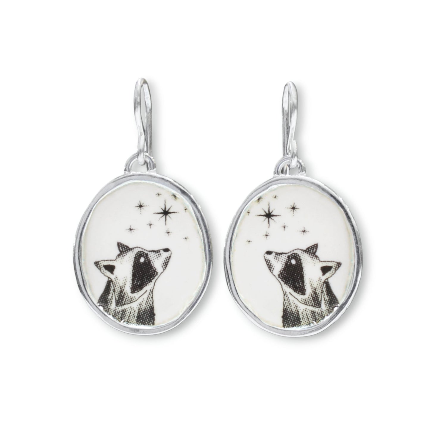 Star Gazing Raccoon Earrings - Large Sterling Silver and Enamel Dangle Earrings