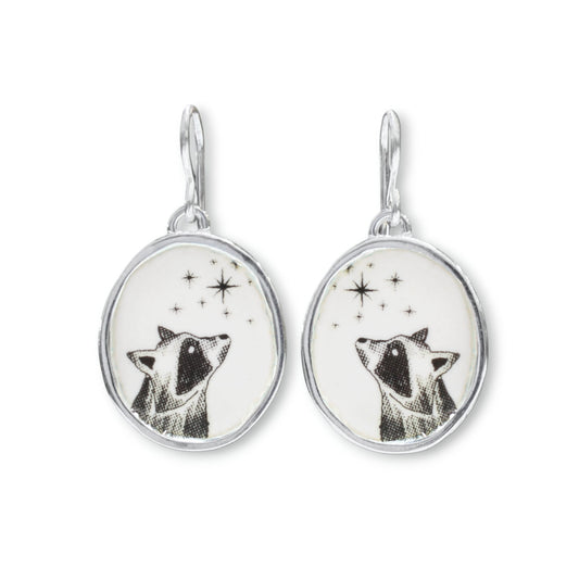 Star Gazing Raccoon Earrings - Large Sterling Silver and Enamel Dangle Earrings