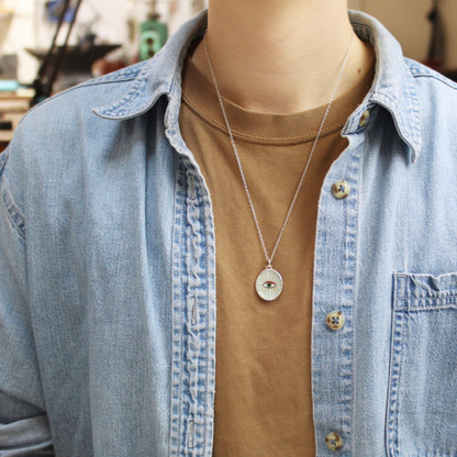 Enamel and Sterling Silver Evil Eye Pendant on Adjustable Sterling Silver Chain - Good Luck Charm