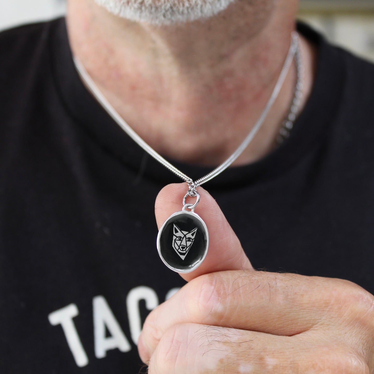 Black and White Coyote Sterling Silver and Enamel Pendant on 24 Inch Stainless Steel Chain