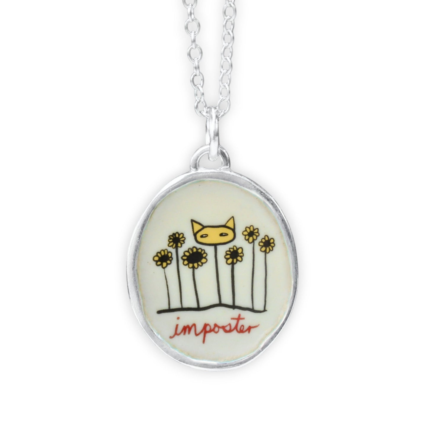 Imposter Cat Necklace - Sterling Silver and Enamel Cat in a Flower Bed Pendant