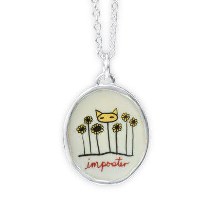 Imposter Cat Necklace - Sterling Silver and Enamel Cat in a Flower Bed Pendant