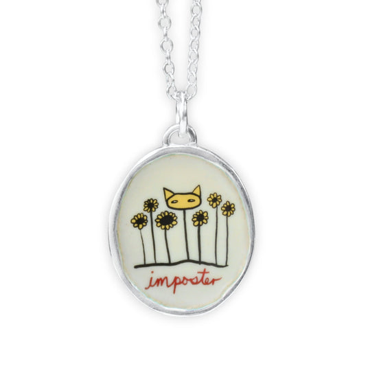 Imposter Cat Necklace - Sterling Silver and Enamel Cat in a Flower Bed Pendant