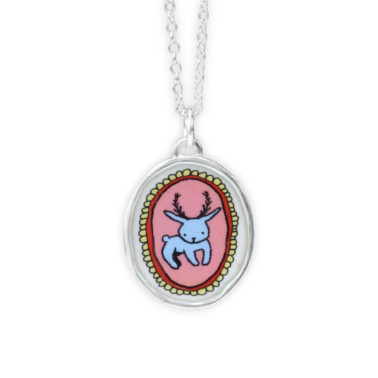 Jackalope Portrait Necklace - Sterling Silver and Enamel Pendant on Adjustable Sterling Chain