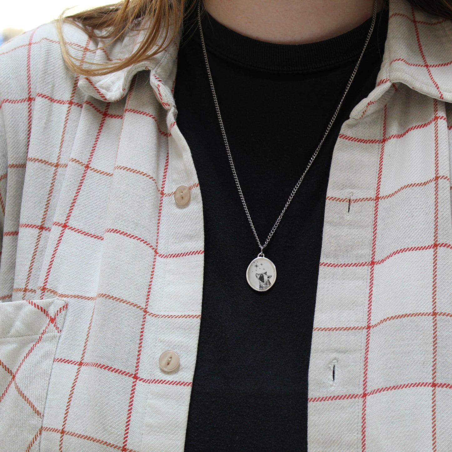 Star Gazing Raccoon Enamel and Sterling Silver Pendant on 24" Stainless Steel Chain