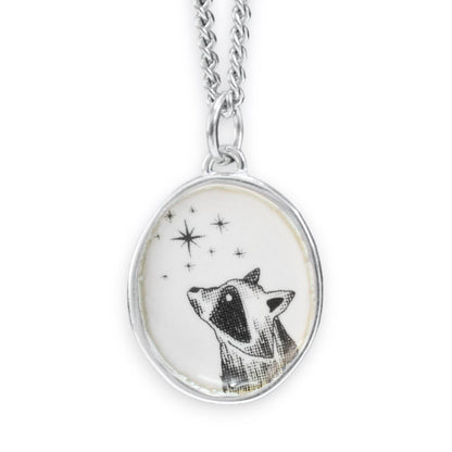 Star Gazing Raccoon Enamel and Sterling Silver Pendant on 24" Stainless Steel Chain