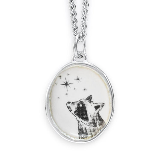 Star Gazing Raccoon Enamel and Sterling Silver Pendant on 24" Stainless Steel Chain