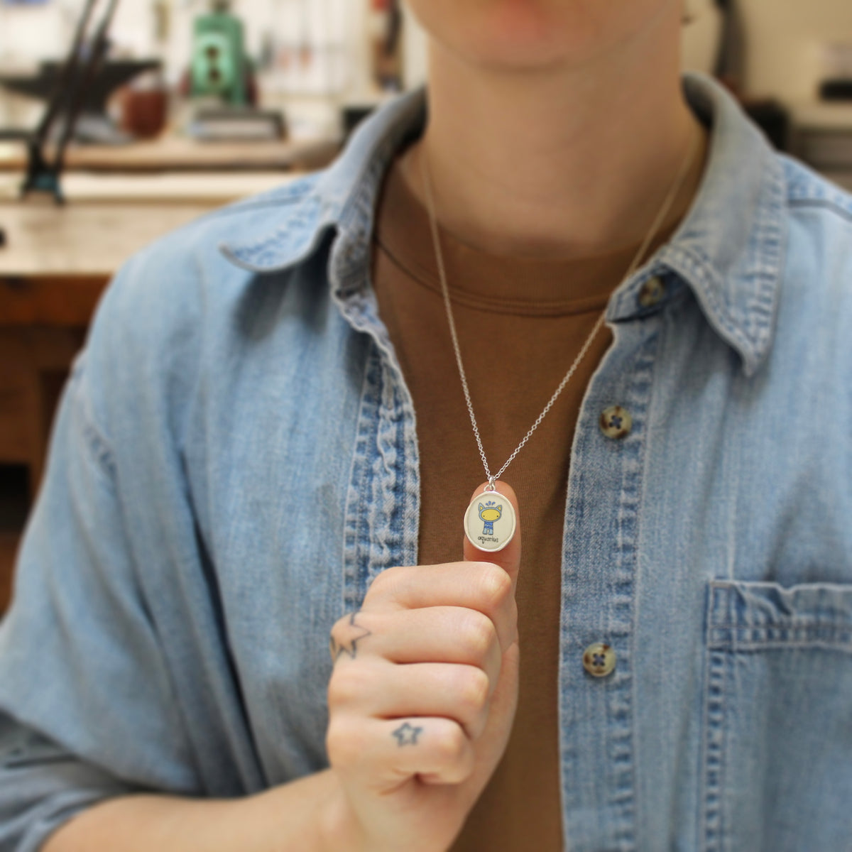 Sterling Silver and Vitreous Enamel Zodiac Necklaces in a Cat-like Style