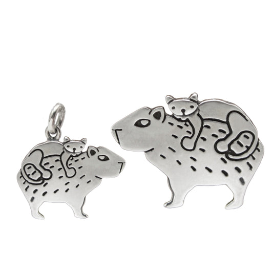 Sterling Silver Mother Daughter Cat and Capybara Necklace Set for Two