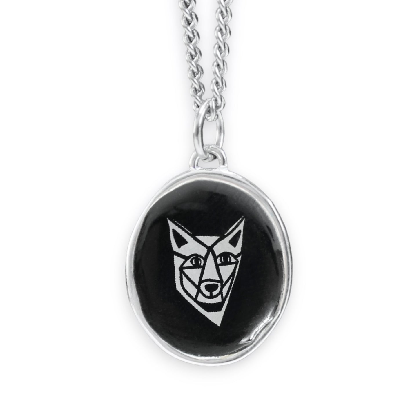 Black and White Coyote Sterling Silver and Enamel Pendant on 24 Inch Stainless Steel Chain