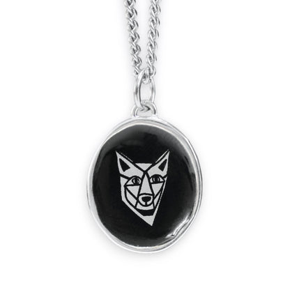 Black and White Coyote Sterling Silver and Enamel Pendant on 24 Inch Stainless Steel Chain