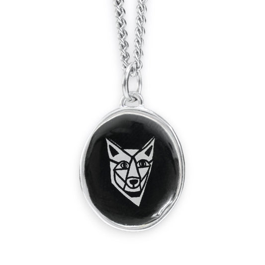 Black and White Coyote Sterling Silver and Enamel Pendant on 24 Inch Stainless Steel Chain