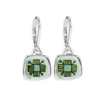 Lever Back Flower Earrings Made with Sterling Silver and Green Vitreous Enamel