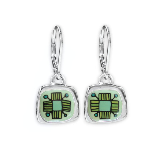 Lever Back Flower Earrings Made with Sterling Silver and Green Vitreous Enamel