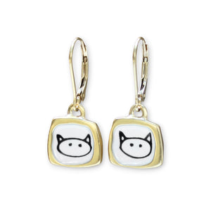 Tiny Gold Love Kitty Earrings - Gold Dipped Sterling Silver and Enamel Cat Earrings - Cat Jewelry