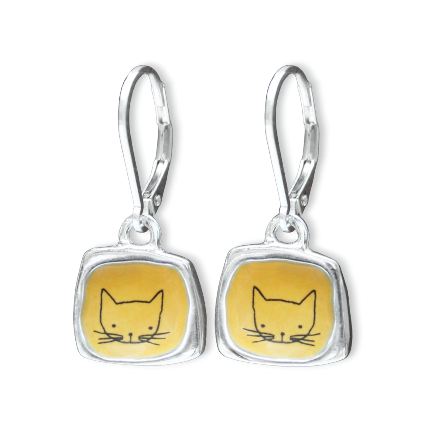 Sterling Silver Orange Cat Earrings Adorable Cat Jewelry Lever