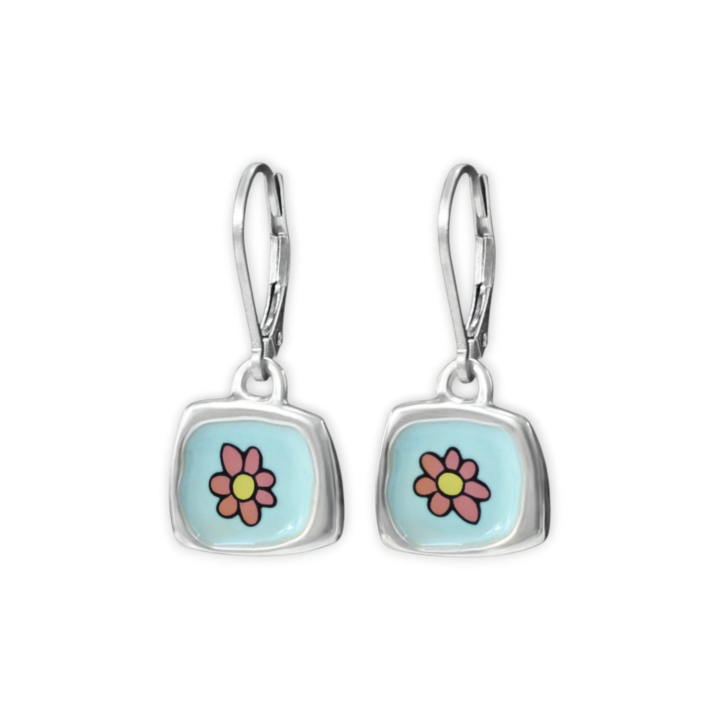 Pastel Flower Earrings - Sterling Silver and Enamel Flower Earrings on Lever Back Ear Wires