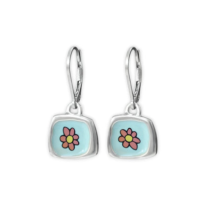 Pastel Flower Earrings - Sterling Silver and Enamel Flower Earrings on Lever Back Ear Wires
