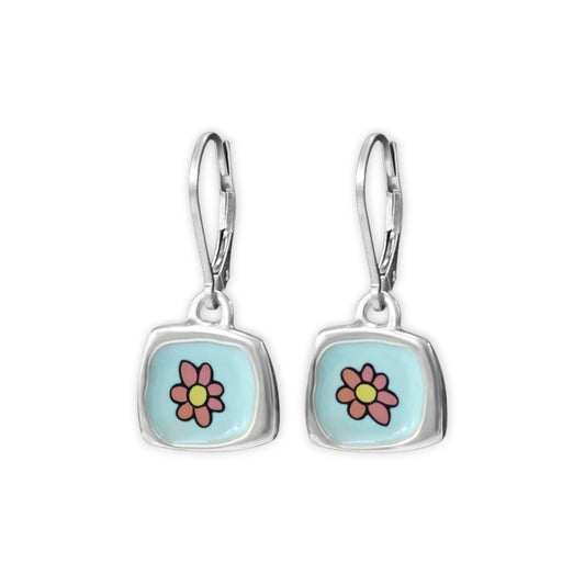 Pastel Flower Earrings - Sterling Silver and Enamel Flower Earrings on Lever Back Ear Wires