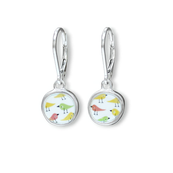 Sterling Silver Tiny Bird Earrings Enamel Lever Back Dangles with Three Wearing Combinations
