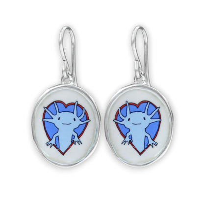 Blue Axolotl Earrings in Sterling Silver and Vitreous Enamel
