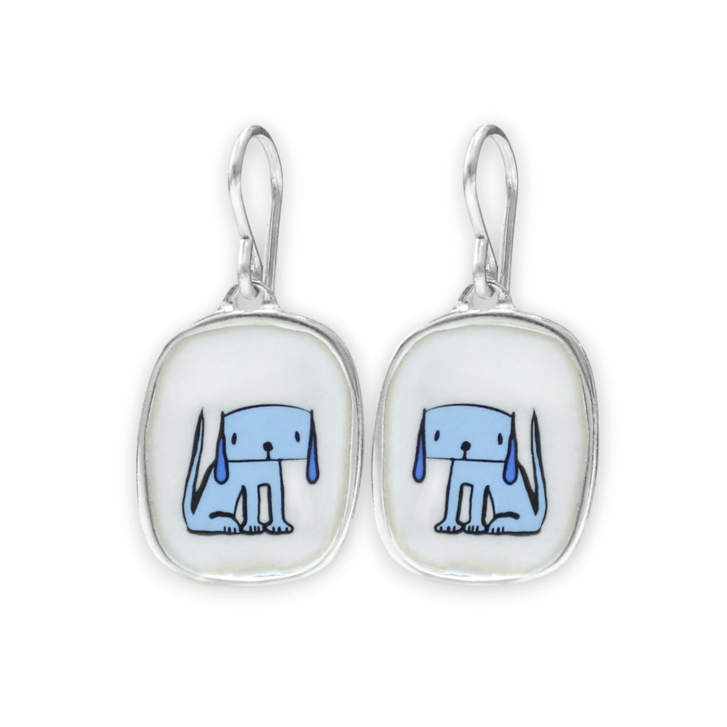Droopy Dog Earrings - Sterling Silver and Enamel Blue Dog Dangle Earrings