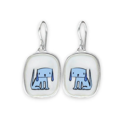 Droopy Dog Earrings - Sterling Silver and Enamel Blue Dog Dangle Earrings
