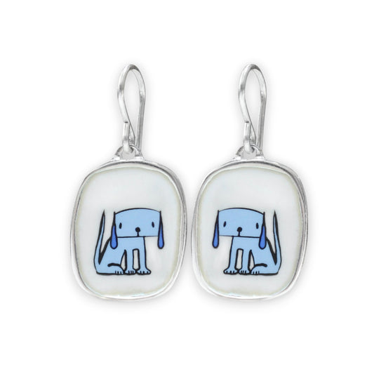 Droopy Dog Earrings - Sterling Silver and Enamel Blue Dog Dangle Earrings